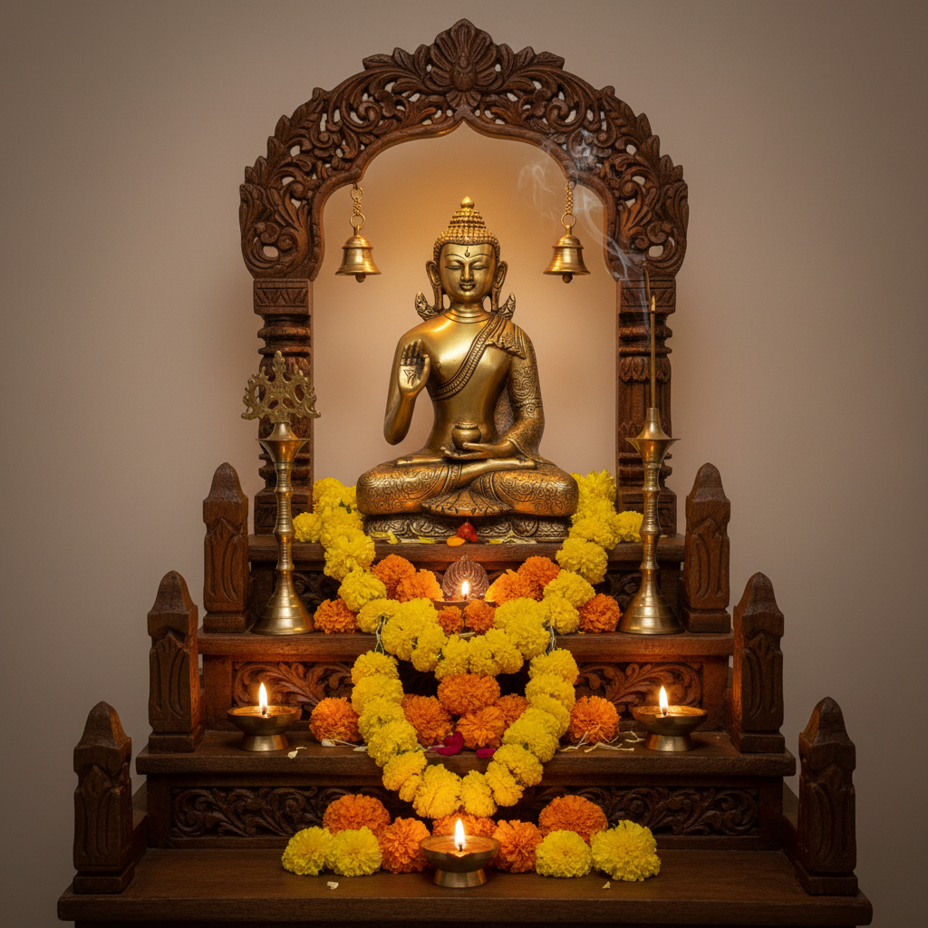 Gold Buddha statue in a wooden mandala with flowers and candles on a plain background