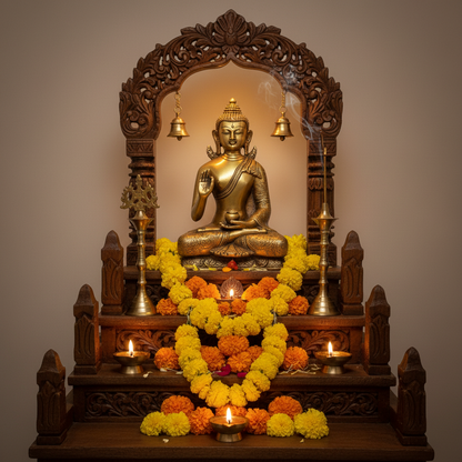 Gold Buddha statue in a wooden mandala with flowers and candles on a plain background
