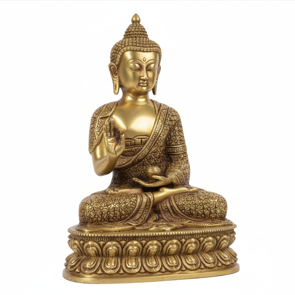 Bronze statue of a seated Buddha on a white background