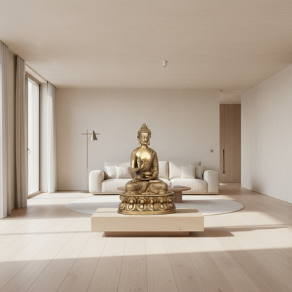 Gold Buddha statue in a modern living room with large windows