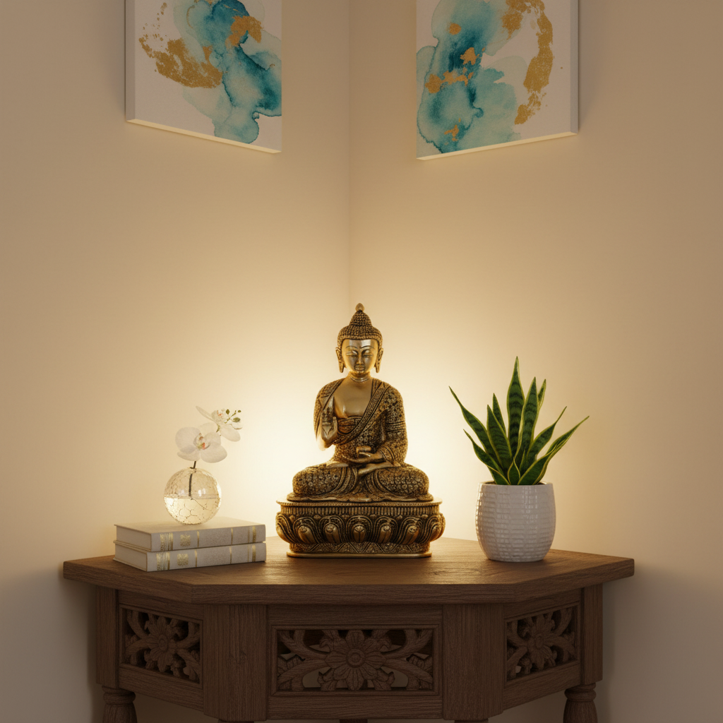 Brass Buddha Blessing Statue with Brown Antique Finish
