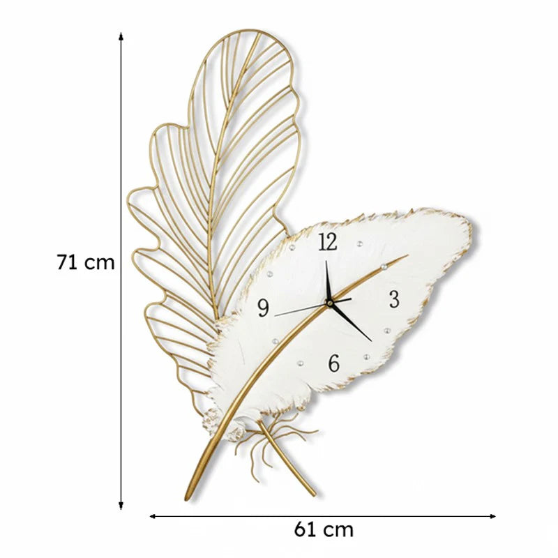 Decorative wall clock with feather design and measurements on a white background