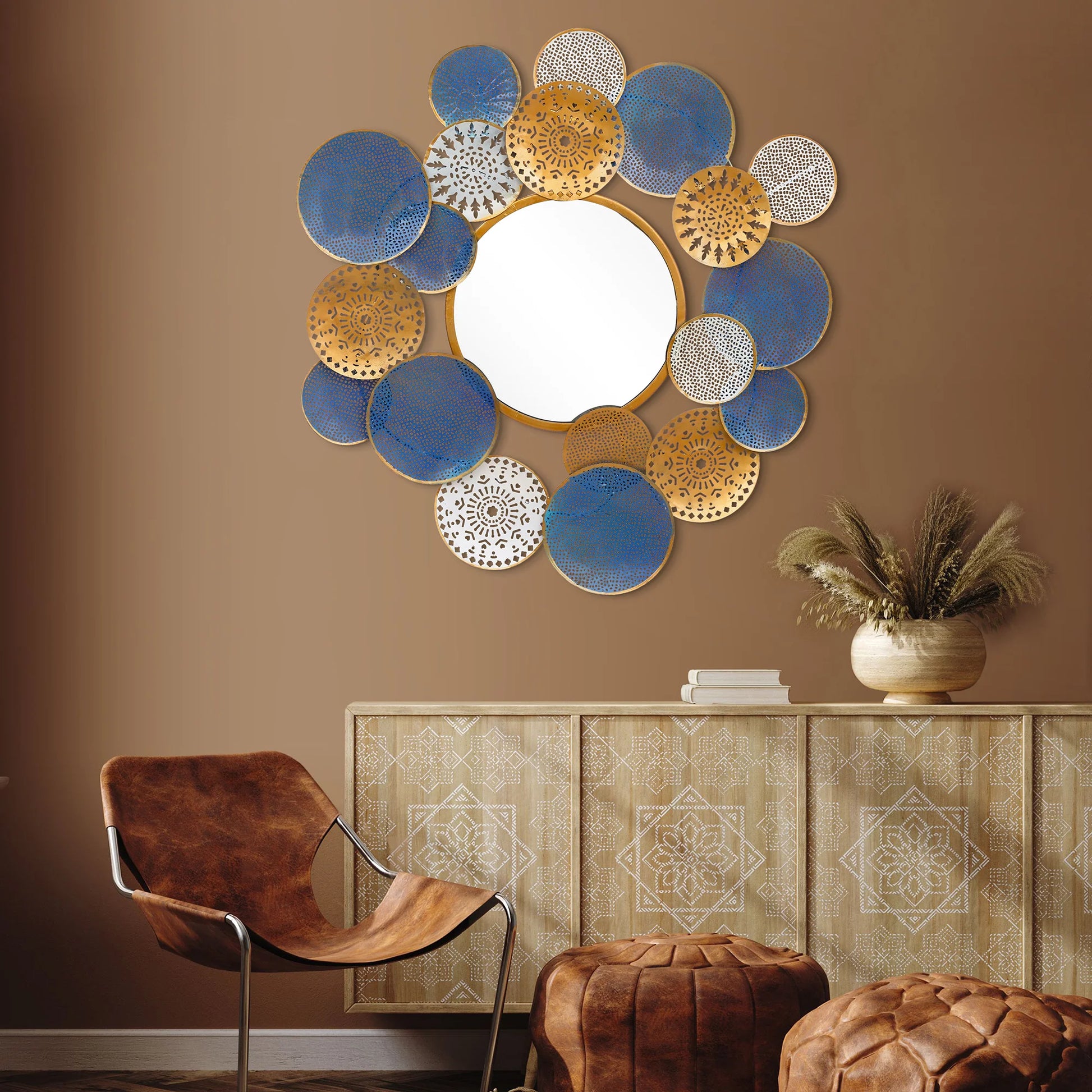 Multicolored Designer Metal Wall Mirror for Home Decor - Brass Decors