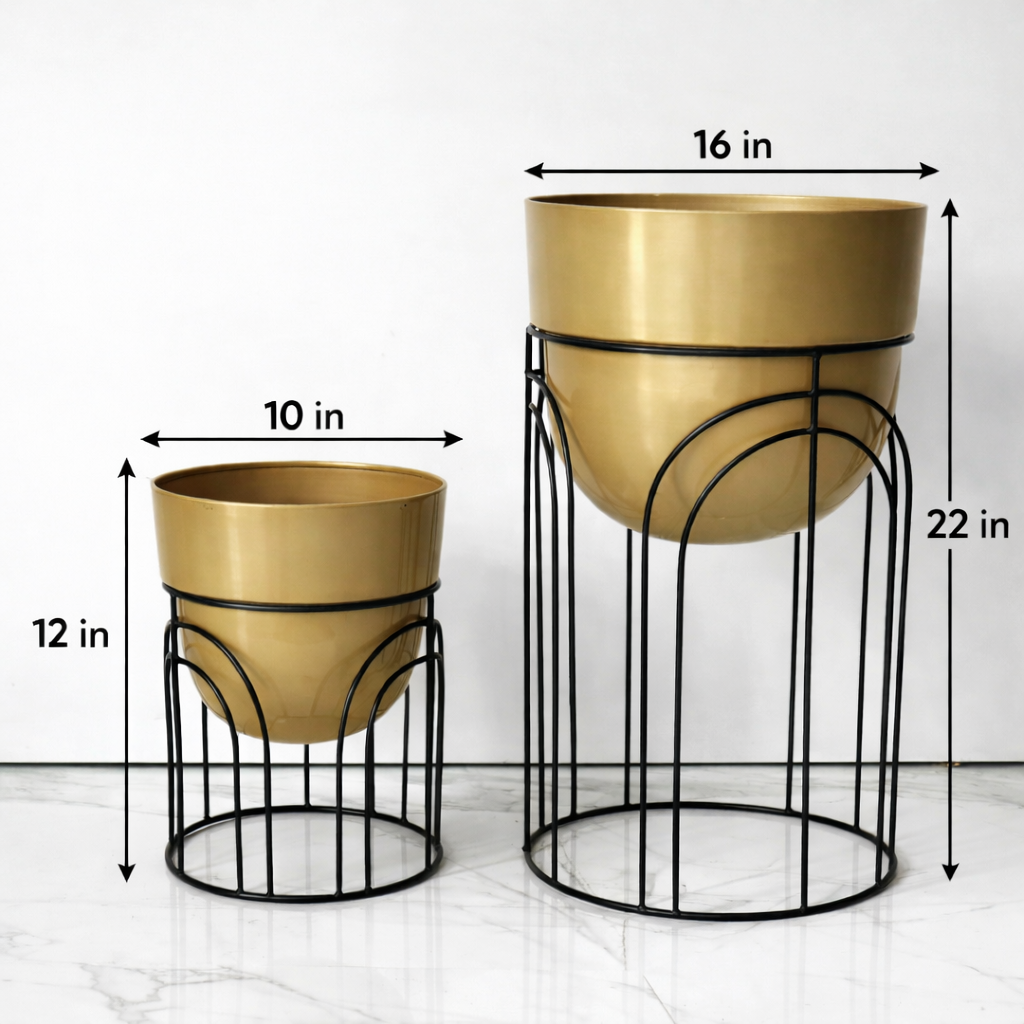 Two gold planters with black metal stands and measurements on a white background