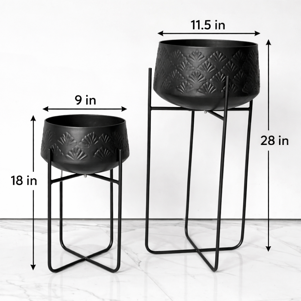 Two black planters with stands and measurements on a white background