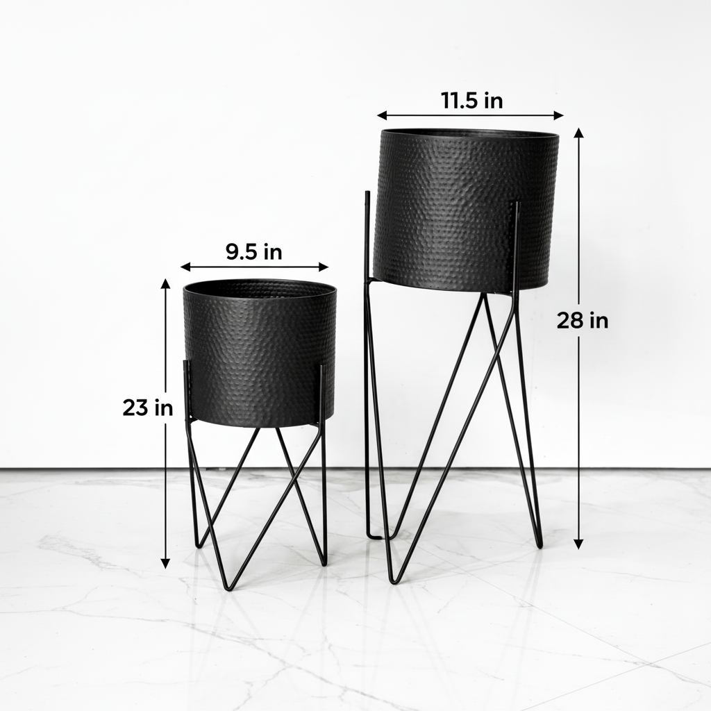 Two black metal planters with dimensions indicated on a white background