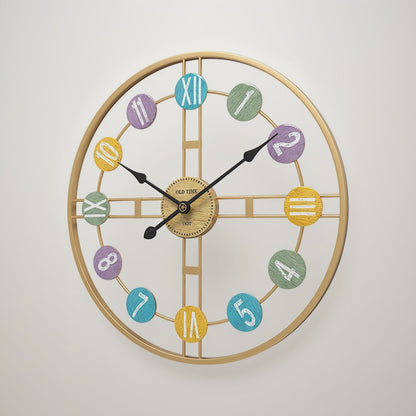 Decorative wall clock with colorful numbers on a white background