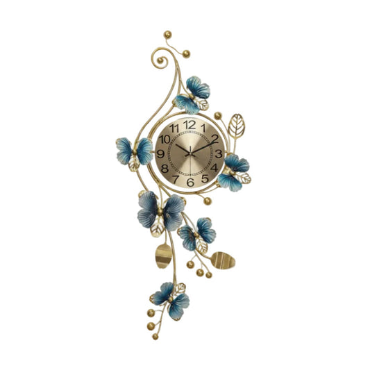 Decorative wall clock with blue butterfly designs on a white background