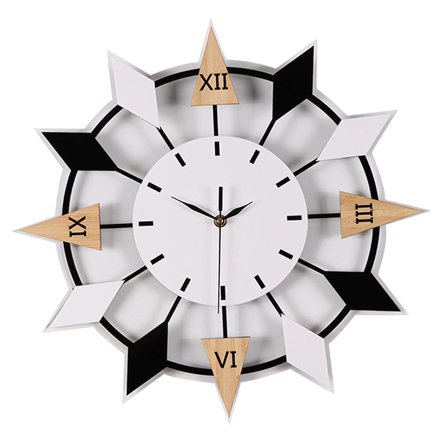 Decorative wall clock with geometric design and wooden arrow markers on a white background