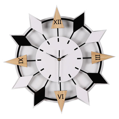 Decorative wall clock with geometric design and wooden arrow markers on a white background