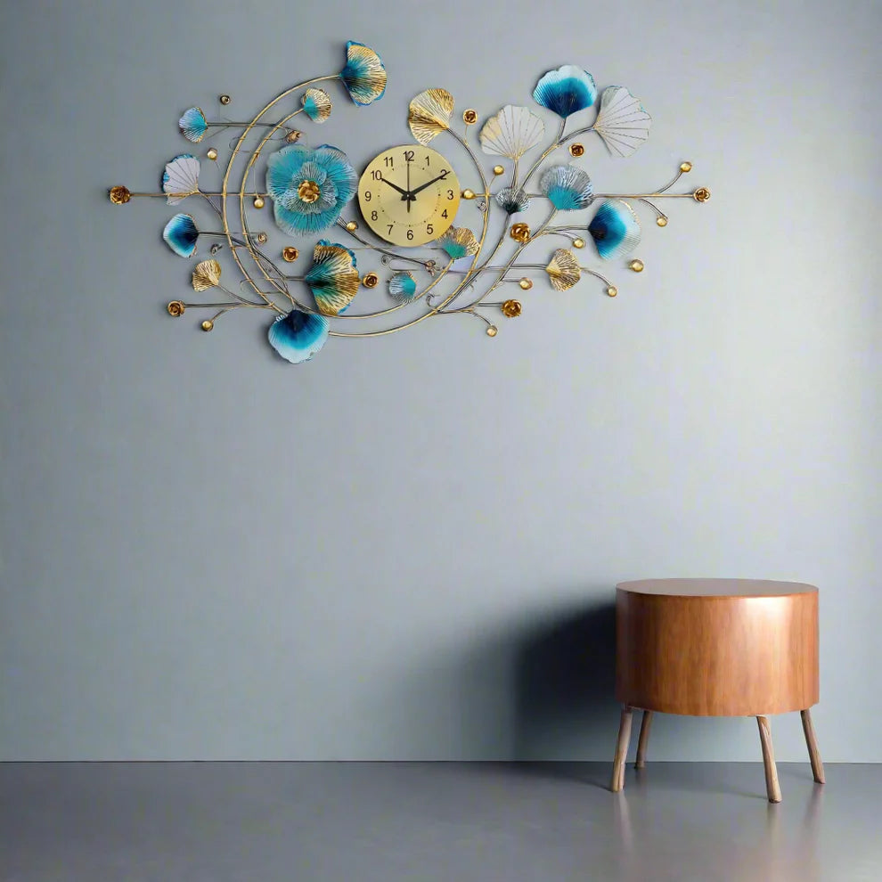 Double Moon Ginkgo Ring Metal Wall Clock Modern Floral Design - Brass Decors