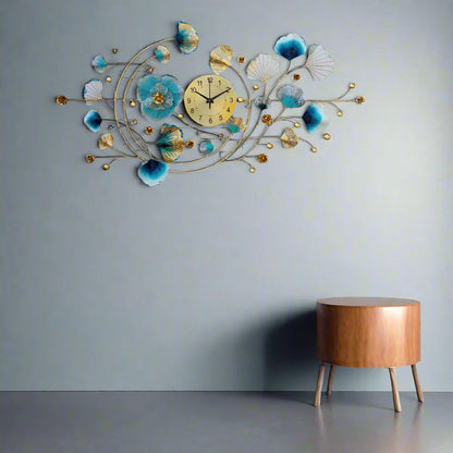 Double Moon Ginkgo Ring Metal Wall Clock Modern Floral Design - Brass Decors