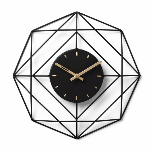 Geometric wall clock with black face and gold hands on a light gray background
