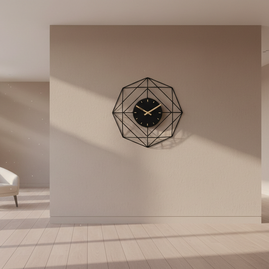 Modern interior with a geometric wall clock on a plain wall.