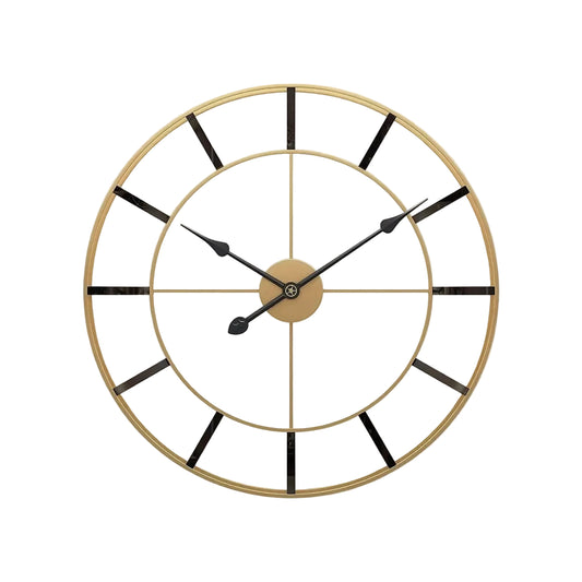 Gold wall clock with black Roman numerals on a white background