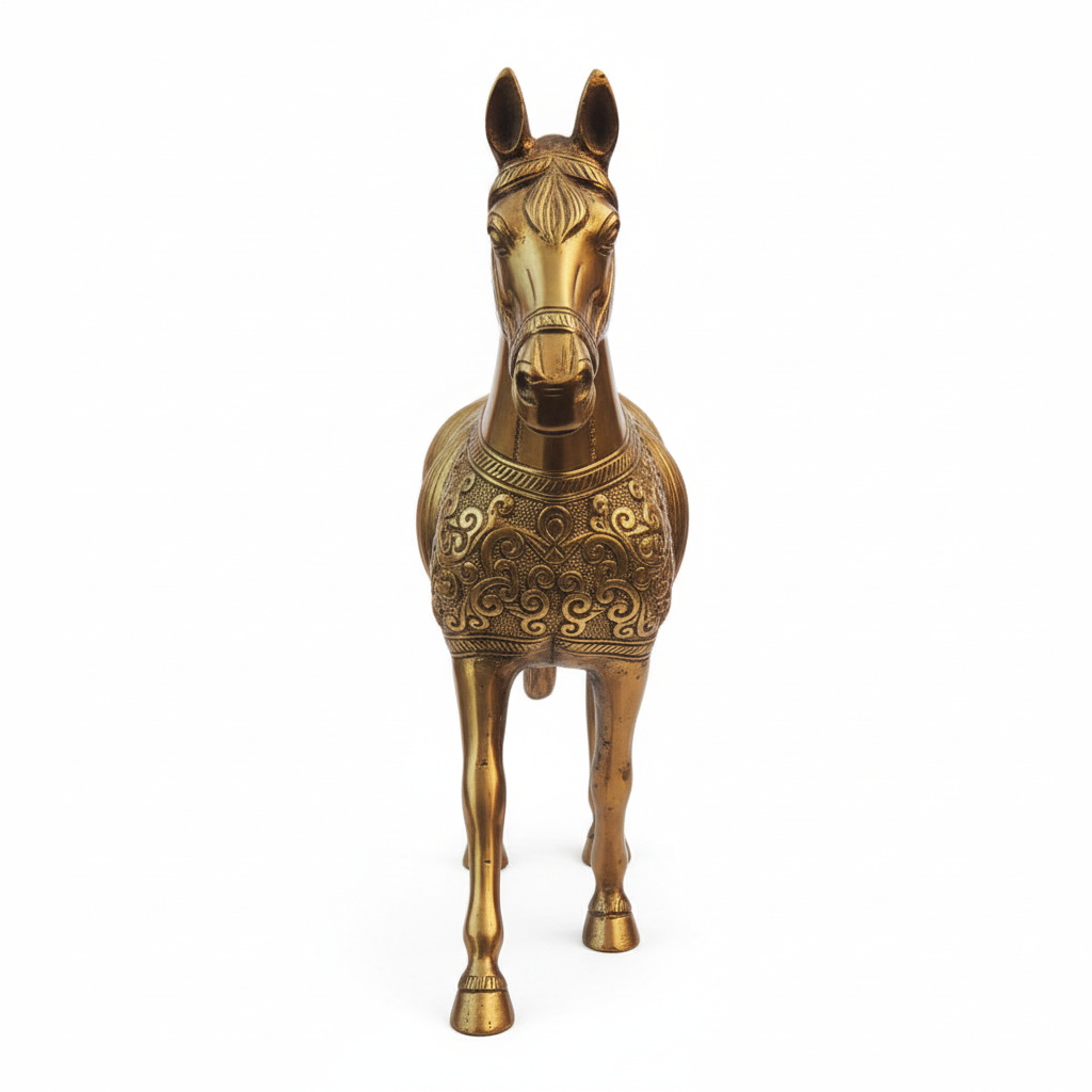 Decorative brass horse statue on a white background
