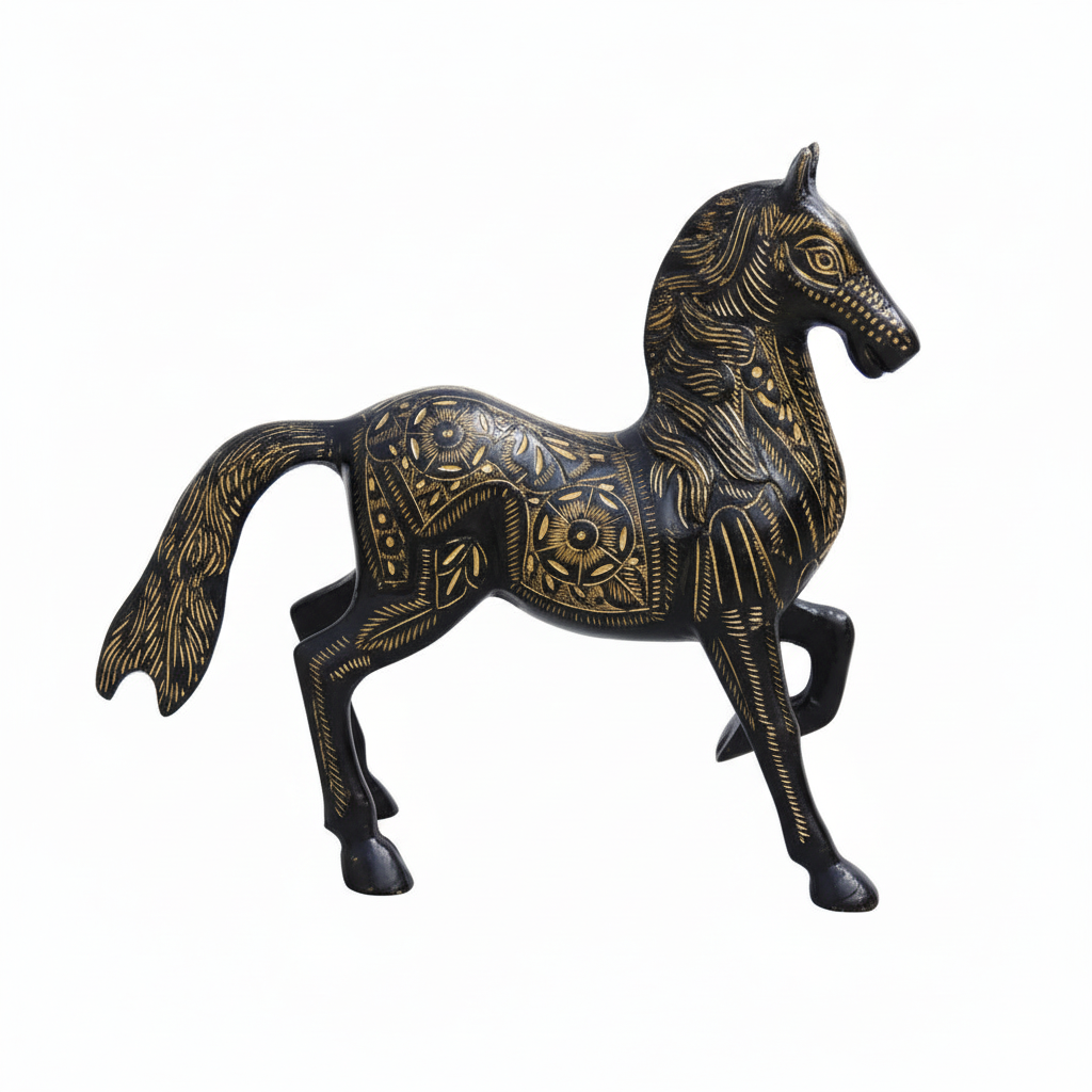 Decorative horse figurine with gold patterns on a white background