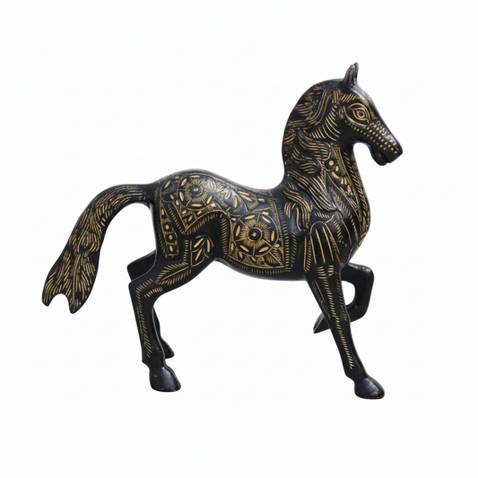 Decorative horse figurine with gold patterns on a white background