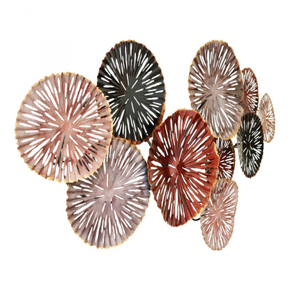 Decorative wall art pieces with circular designs in various colors on a white background