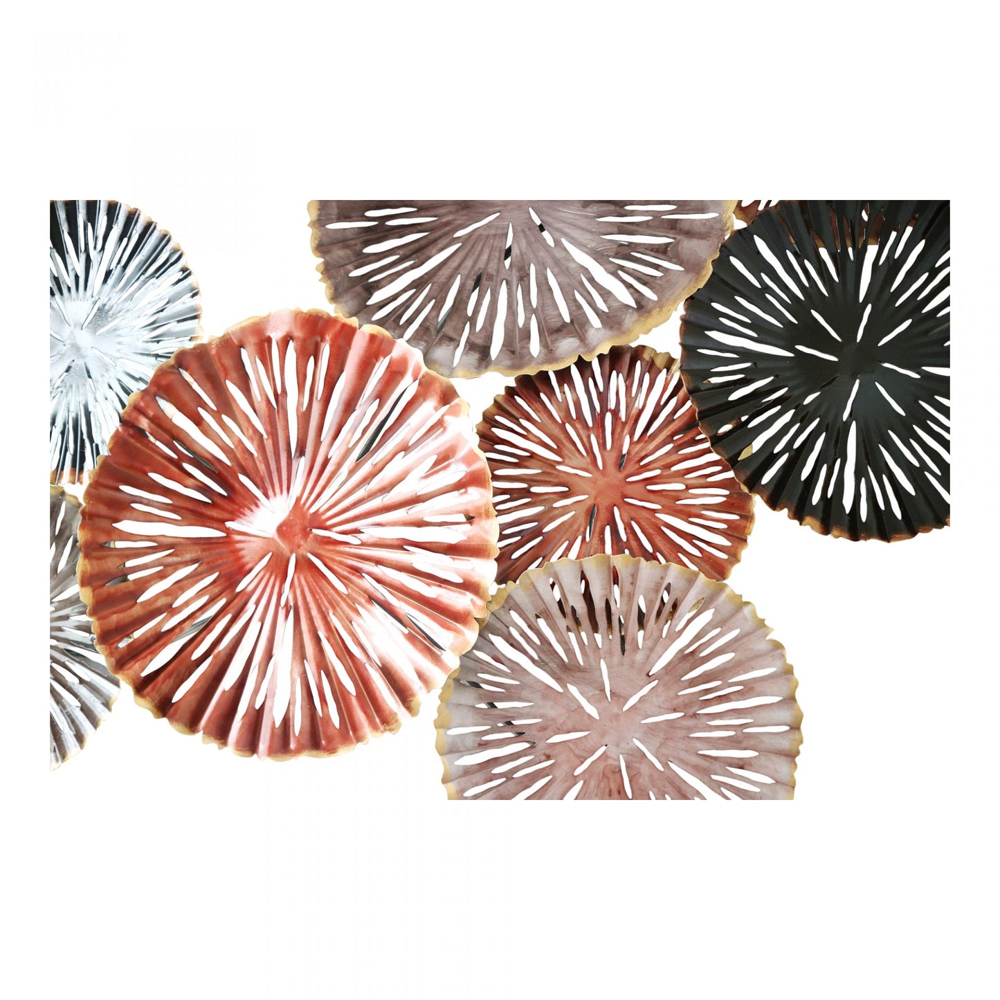 Decorative plates with sunburst patterns in various colors on a white background