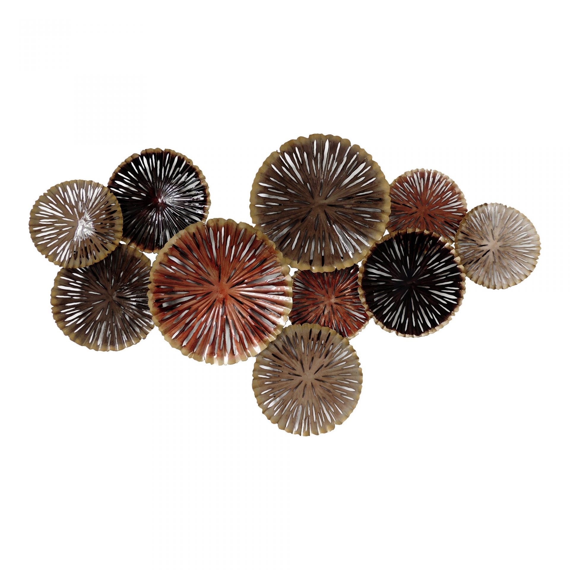 Decorative wall art with circular, textured elements on a white background