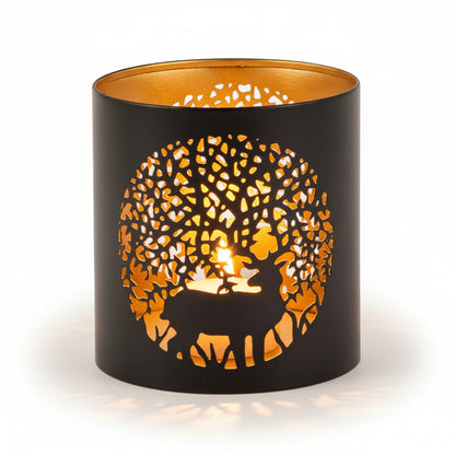 Decorative candle holder with cut-out design on a white background