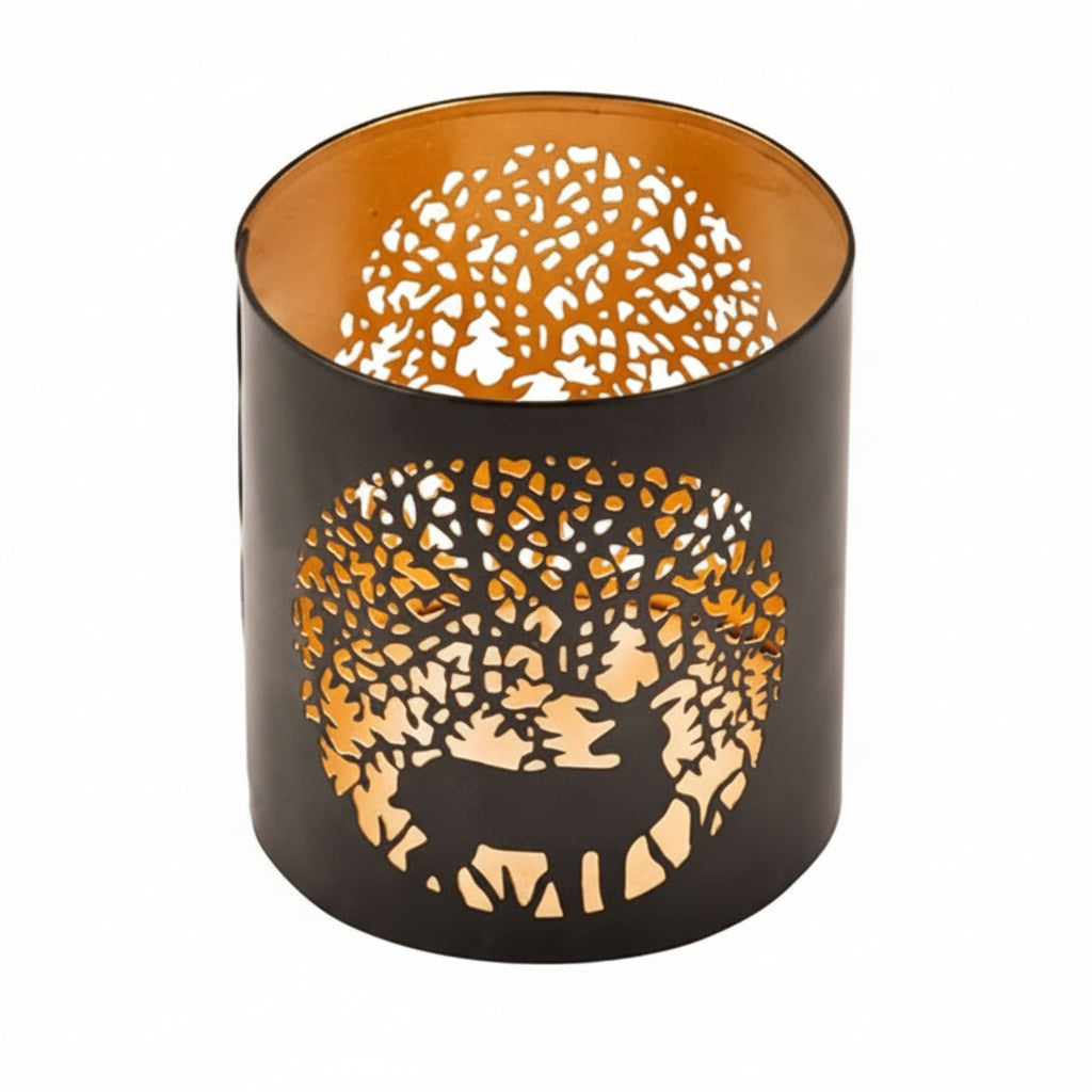 Decorative candle holder with cut-out designs on a white background