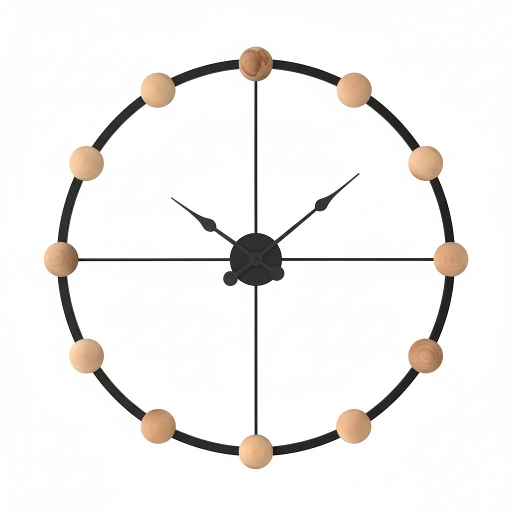 Decorative wall clock with wooden balls on a gray background