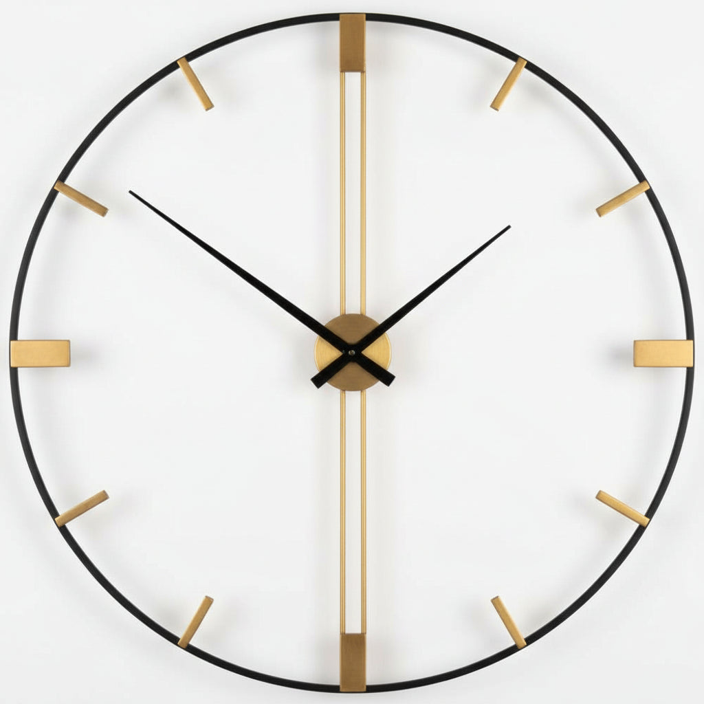Round wall clock with black frame and gold accents on a white background