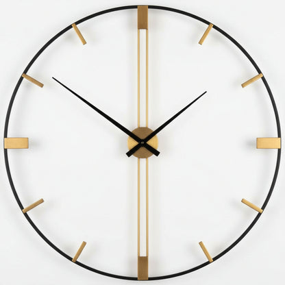 Round wall clock with black frame and gold accents on a white background