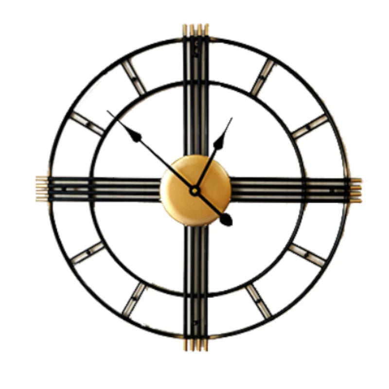 Decorative wall clock with gold center and black metal frame on a white background