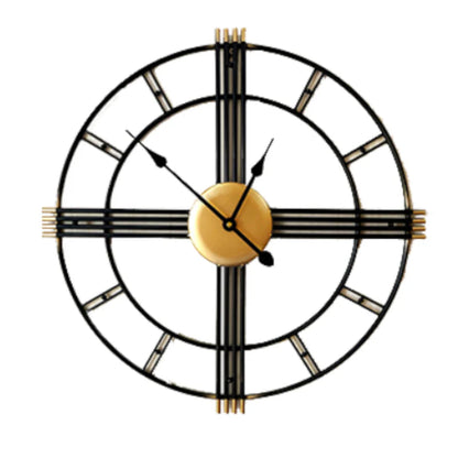 Decorative wall clock with gold center and black metal frame on a white background