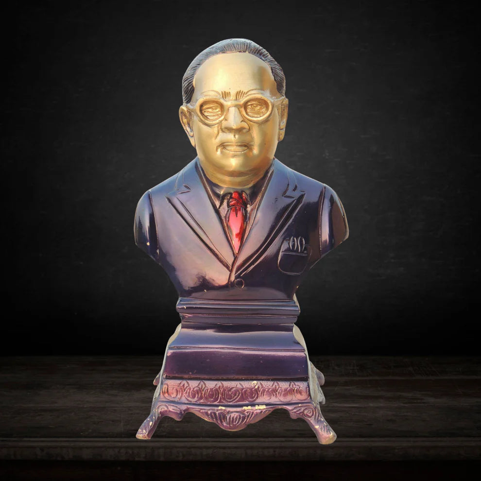 Bust of a man in a suit with a gold face on a dark background