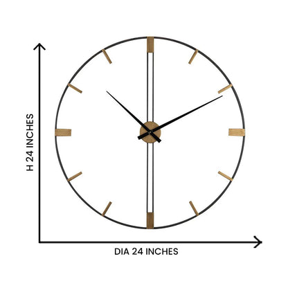 Wall clock with dimensions indicated on a white background