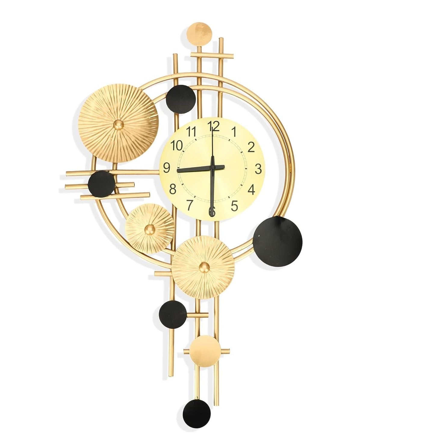 Decorative wall clock with gold and black design on a white background
