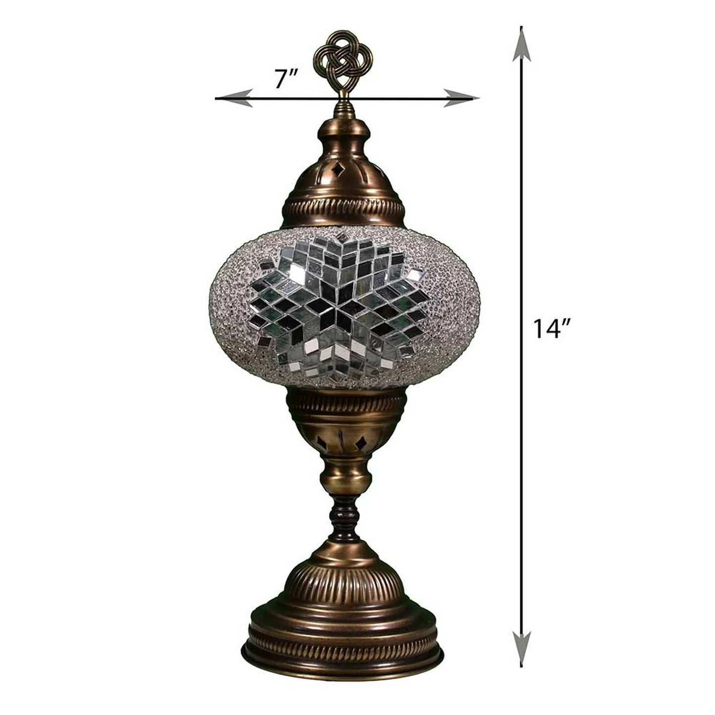 Decorative lamp with mosaic glass shade and bronze base, showing dimensions on a white background.