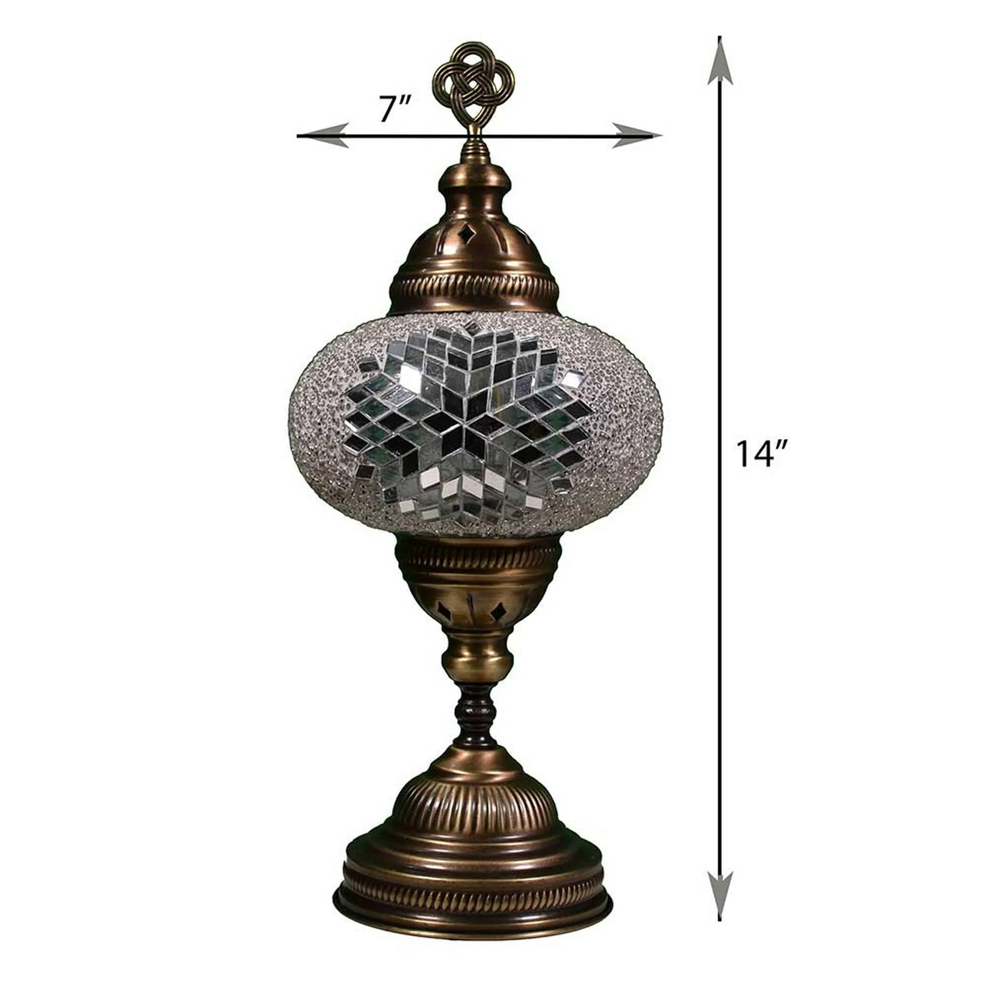 Decorative lamp with mosaic glass shade and bronze base, showing dimensions on a white background.