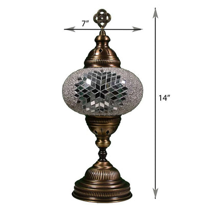 Decorative lamp with mosaic glass shade and bronze base, showing dimensions on a white background.