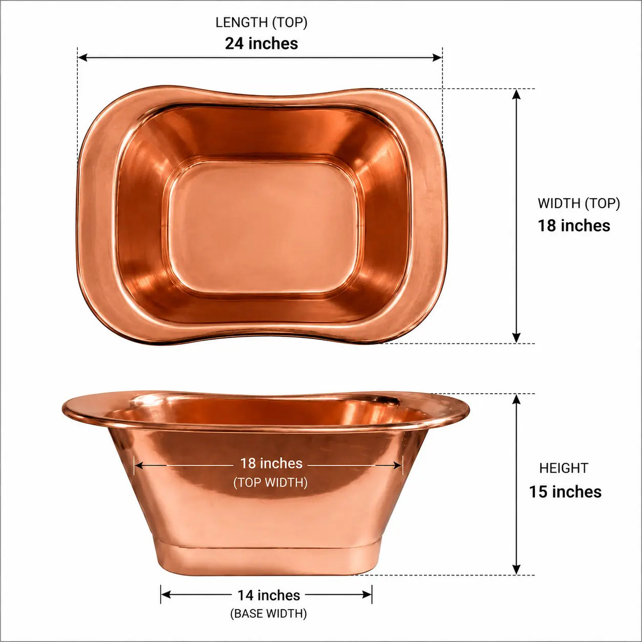 A copper-colored rectangular baking pan shown from two angles with overlaid dimension labels: top view marked 24 inches by 18 inches, and side view marked 14 inches by 15 inches, on a white background.