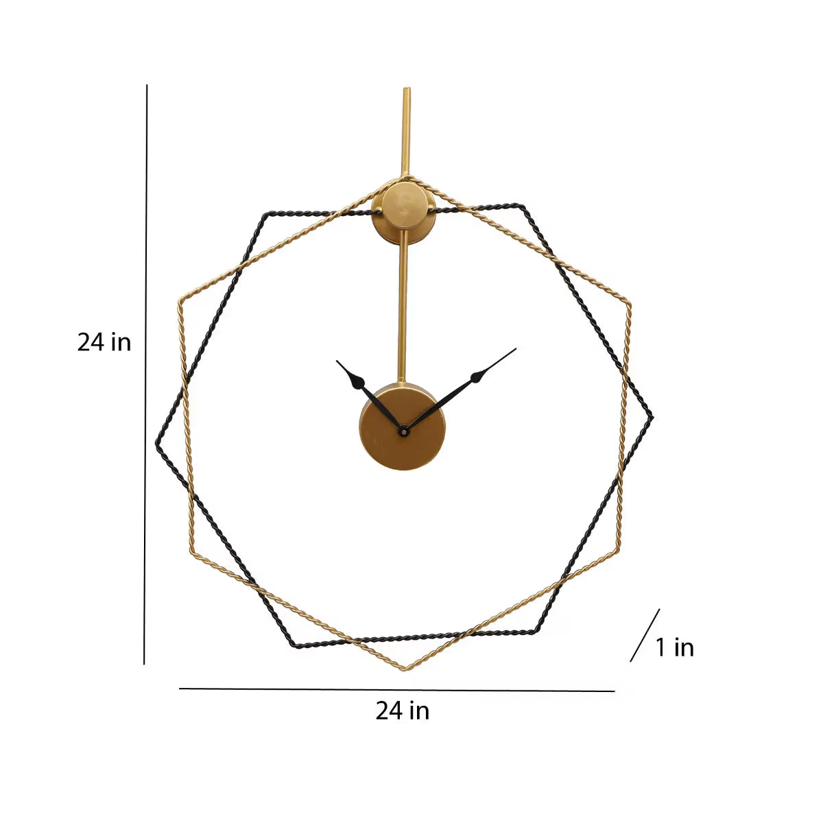 Geometric wall clock with measurements on a white background