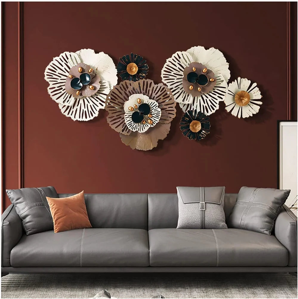 Decorative wall art above a gray sofa with a brown wall background