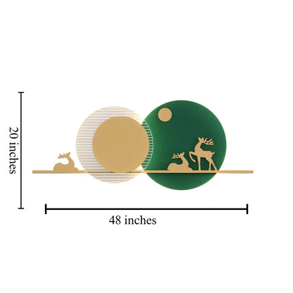 Decorative wall shelf with reindeer design, shown with measurements on a white background.