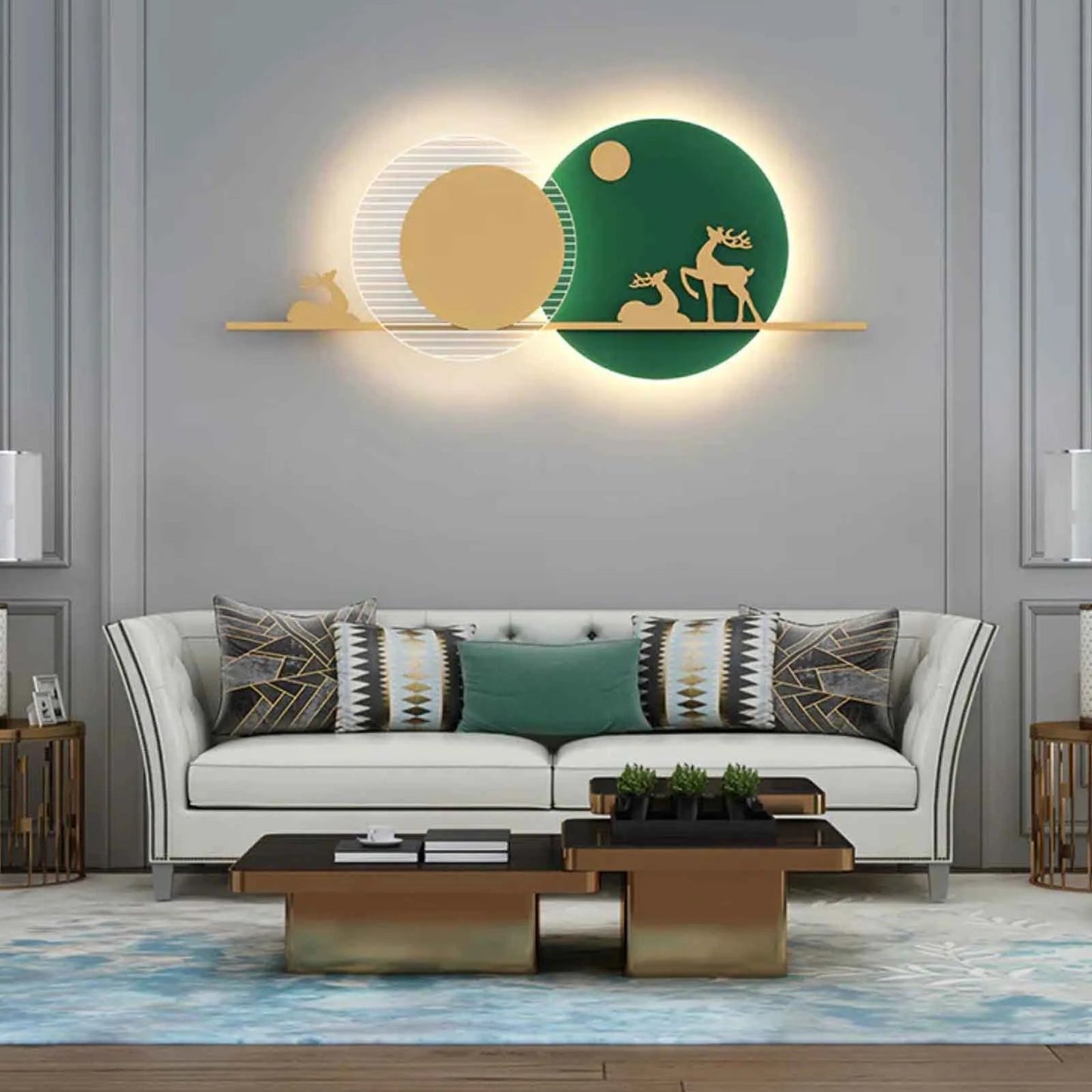 Decorative wall light fixture above a sofa in a living room setting