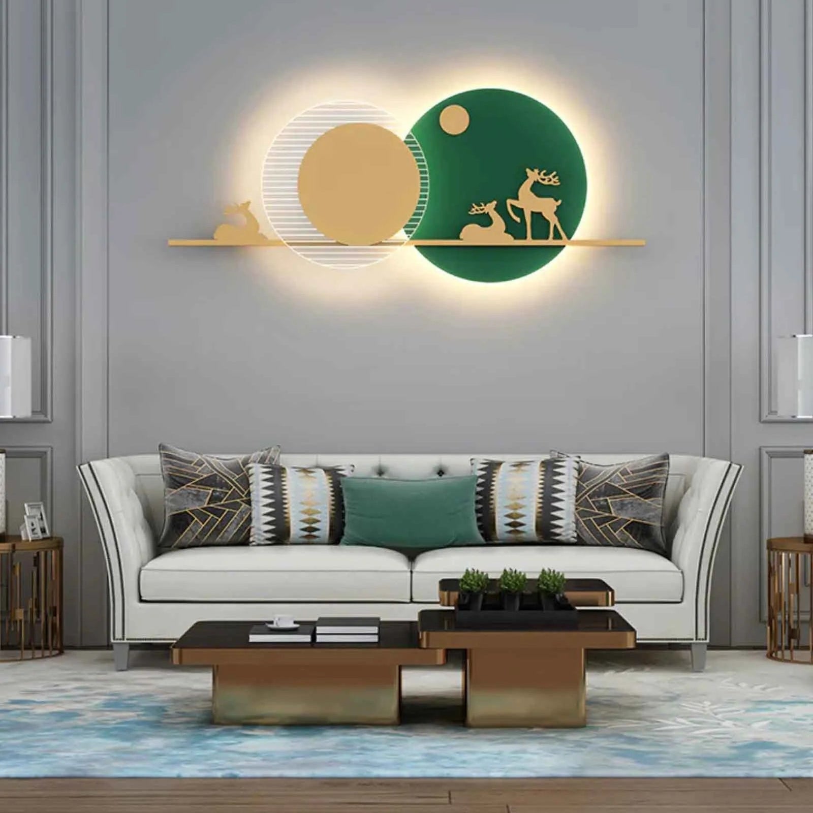 Decorative wall light fixture above a sofa in a living room setting