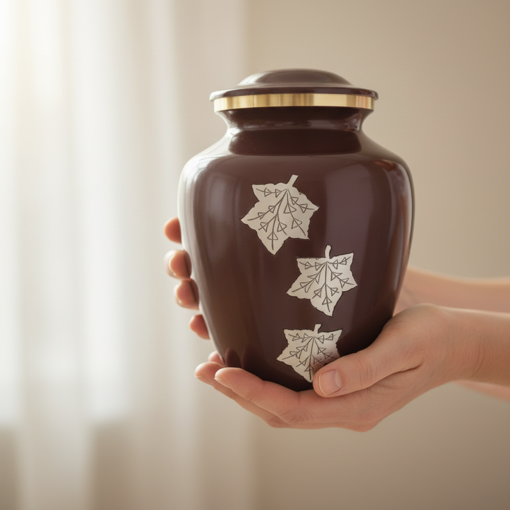 Brown urn with leaf designs held by a hand against a neutral background
