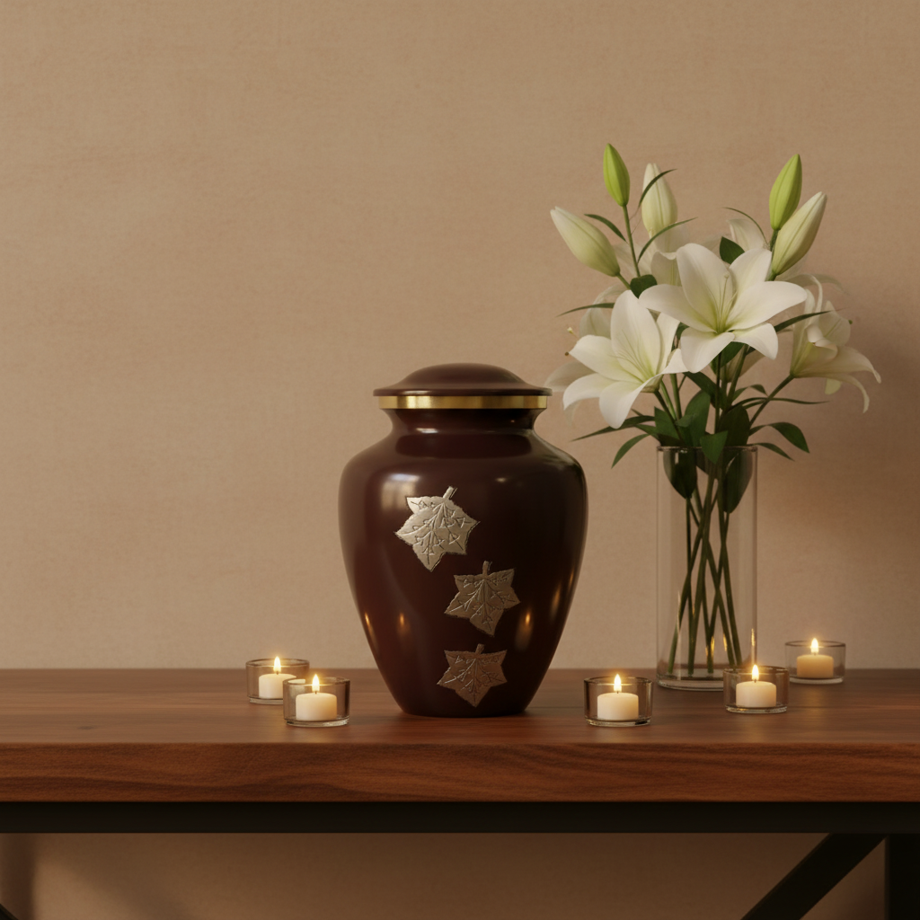 Brown urn with decorative elements on a wooden table with white flowers and candles.