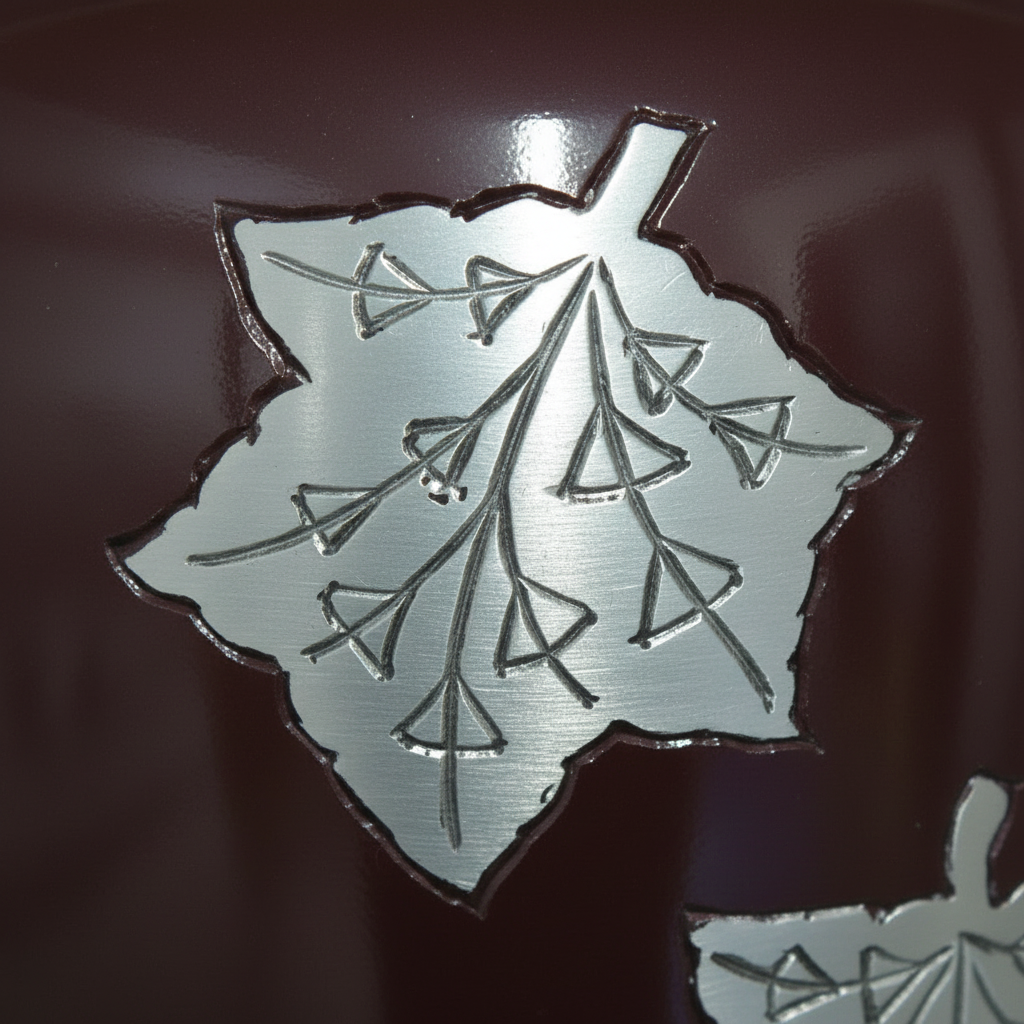 Metallic leaf design on a dark surface