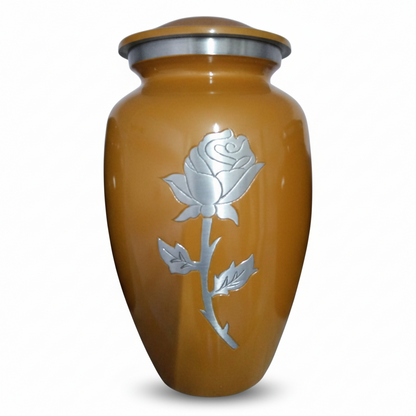 Brown urn with silver rose design on a white background