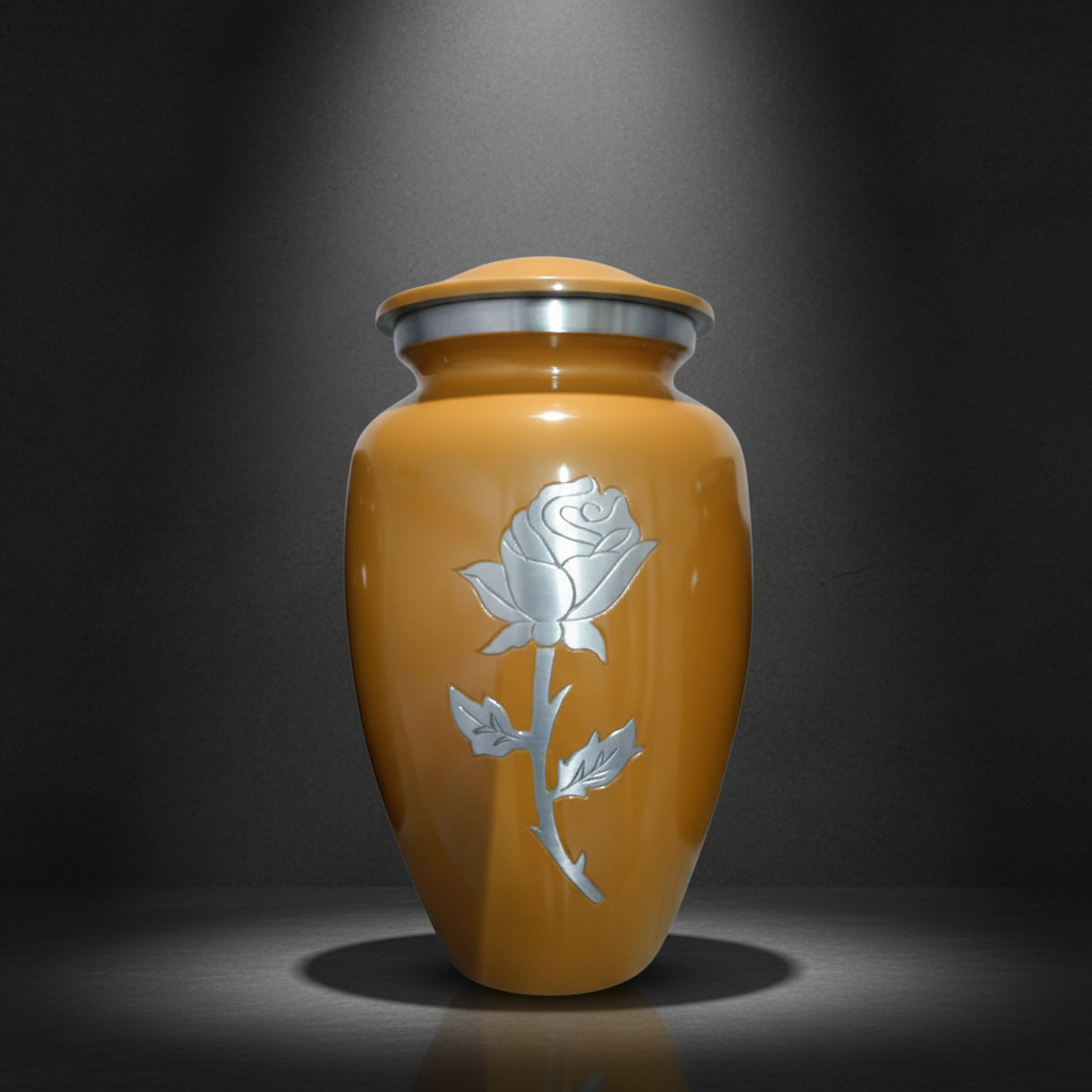 Orange urn with a silver rose design on a dark background