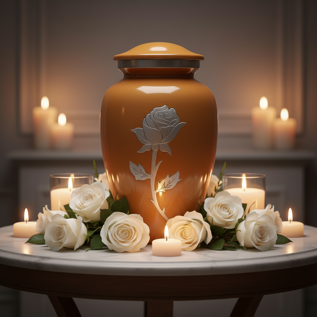 Ceramic urn with a rose design on a table with white roses and candles.
